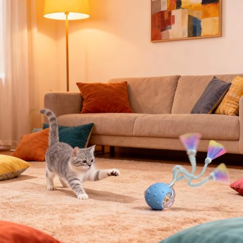 Automatic Chirping Cat Ball, 3 Interchangeable Tails for Indoor Cats, Pink - color: P02 Pink
