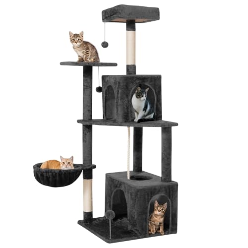 Cat Tree 54-Inch Cat Tower with Padded Plush Perch 2 Comfy Caves, Scratching Posts, Basket, 2 Pompoms, Multi-Level Plush Cat Condo for Indoor Cats Kittens, Dark Gray - color: Dark Gray