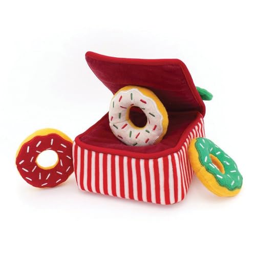 ZippyPaws Burrow Christmas Dog Toy - Plush Squeaky Holiday Dog Gifts for Small & Medium Puppy Dogs, Interactive Hide & Seek Stocking Stuffers for Pets - Xmas Donutz Box - size: Christmas, style: Donutz Box