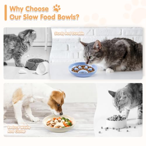Cat Slow Feeder Bowl Set,2 Pcs Pastel Series Cat Plate for Dry and Wet Food - color: Cat's Paw-A