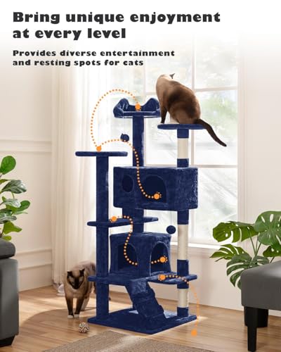 Yaheetech 54in Cat Tree Tower, 2 Caves, Kitten-Ear Perch & Scratching Posts - color: Navy Blue, size: 54in