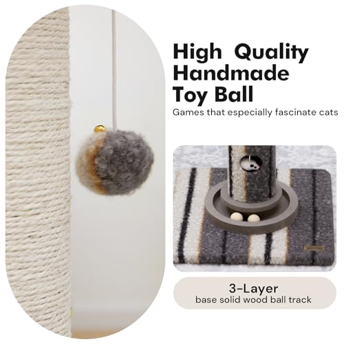 Woochpet Cat Scratching Post 34"Tall Grey Sisal Scratcher Tree With Cat Toy - color: Grey