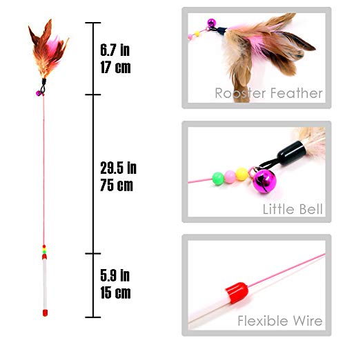 MAIYU Cat Feather Wand Toy - 3 Pack Steel Wire Feather Interactive Cat Stick Training - Beads Bells Kitten Wand Toys Pet Teaser