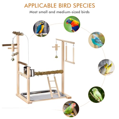Natural Wood Parrot Playground Perch Stand with Feeder Cups, Tray, Ladder, Swing & Bells, Play Gym for Top of Cage, Cage Accessories for Lovebirds, Cockatiels, Parakeets
