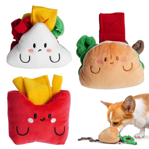 Nocciola Squeaky Hide and Seek Dog Snuffle Food Toys, Interactive Plush Stuffed Pet Supplies for Puppy Small Medium Breeds, Cute Burrow Cognitive Digging Treat Hiding Enrichment Puzzle Toy, 3 Packs - style: Food Dog Toys