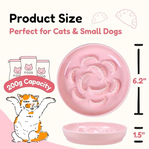 2 Pcs Ceramic Cat Slow Feeder Bowl Set, Dumpling Shape Cat Food Plates, 6.2" W Wide Shallow Whisker Friendly Slow Feeding Cat Bowls for Dry Food, Wet Food & Treats, Dishwasher Safe, White & Pink - color: Pink + White