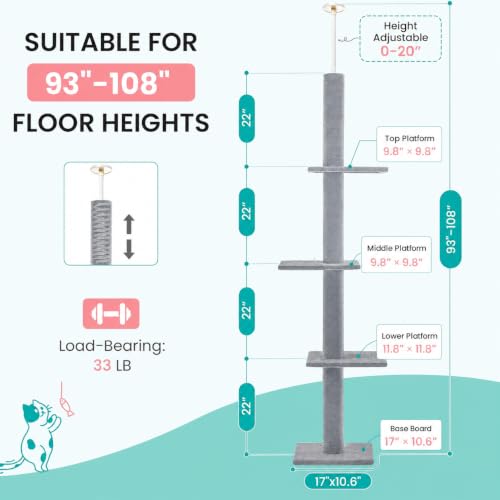 Max & Marlow 95-108" Floor to Ceiling Cat Tree for Indoor Cats, Light Grey - color: Light Grey
