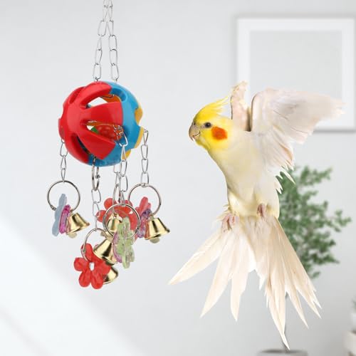 Hypeety Parrot Ball Toy Plastic Colorful Bird Chew Ball with Bells for Cage - color: Multicolor Ball with Plastic Flowers