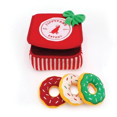 ZippyPaws Burrow Christmas Dog Toy - Plush Squeaky Holiday Dog Gifts for Small & Medium Puppy Dogs, Interactive Hide & Seek Stocking Stuffers for Pets - Xmas Donutz Box - size: Christmas, style: Donutz Box