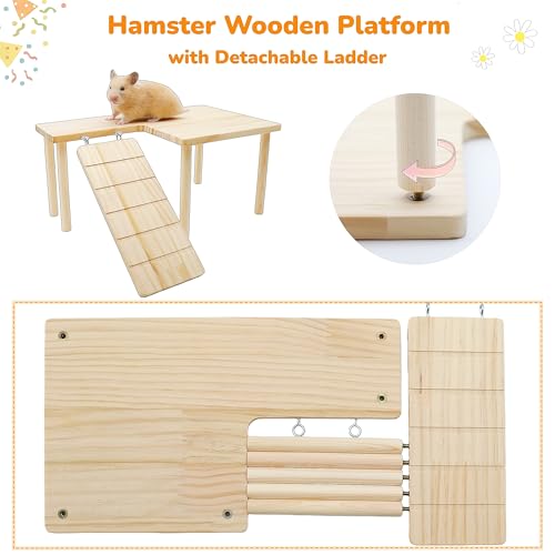 2 Pcs Wooden Hamster Platform Set, Hamster Wooden House Hideout, with Detachable Ladder Bridge, Climbing Toys, Cage Accessories, Small Animals Habitat Decor for Rat Gerbils and Other Small Pets
