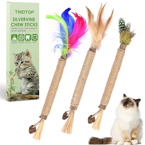 TINDTOP Silvervine Sticks for Cats with Natural Feather, Catnip Chew Toys - color: 3 Pack