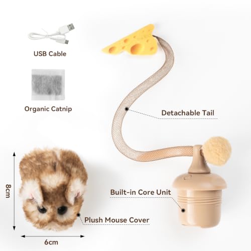 Migipaws Interactive MigiMouse Cat Toy 360° Rolling & Spin with Mesh Plastic Tail for Indoor Cats Smart Motion Sensor, Realistic Squeak, Rechargeable Plush Kitten Toy(Brown Long)