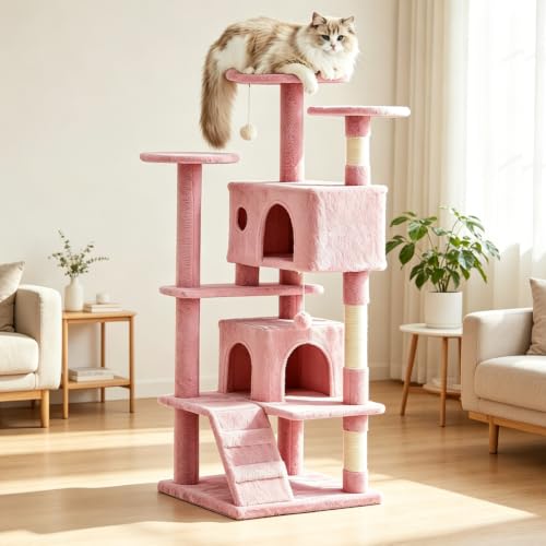 DUMOS 54 Inch Cat Tree Tower with Scratching Posts, Indoor Use - color: Pink, size: 54'' × 20'' × 20''