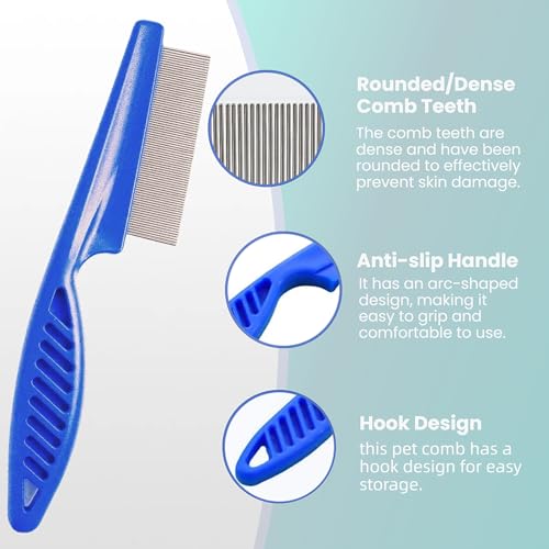 MEDUWEDU 5 Pack Flea & Lice Comb Set for Cats, Dogs & Kids – Stainless Steel Fine Tooth Nit Comb Kit with Double-Sided Tear Stain Remover, Grooming Brush & Peine para Piojos for Thick Hair (Blue) - color: Blue