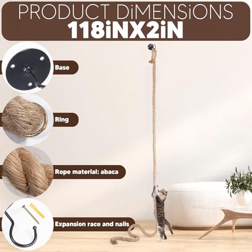 Cat Climbing Rope with Hook, Natural Jute Ropes for Ceiling & Wall Mounted