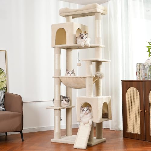 XXL Cat Tree Tower 70”with Oversized Bed, Hammock, 2 Condos - color: Beige, size: XXL-70"