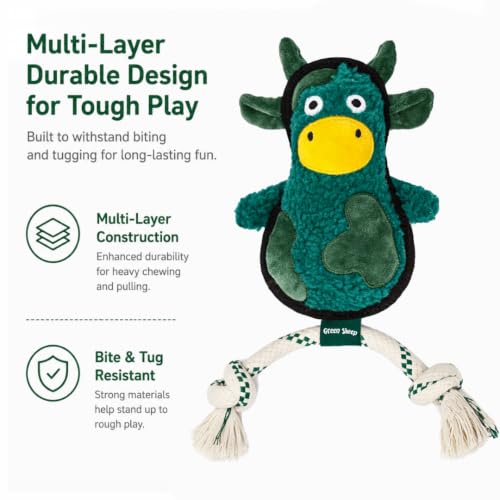 Green Sheep Squeaky Plush Dog Toy, Interactive Rope Toy with Recycled Materials for Tug, Fetch and Play, Medium to Large Dogs, Chew Toy, Cow - color: Cow