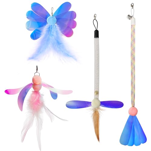 JXFUKAL Cat Feather Toy Refills, 4Pcs Simulation Butterfly Dragonfly Glitter Piece Feather Cat Lures Wand Attachment Replacement for Kitty Kitten Indoor Cats Accessories - color: 4PCS REFILLS