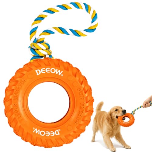 Dog Chew Tire Toy, Natural Rubber Puppy Teething Toy-Tether 6.3'' Orange - color: Orange+Rope