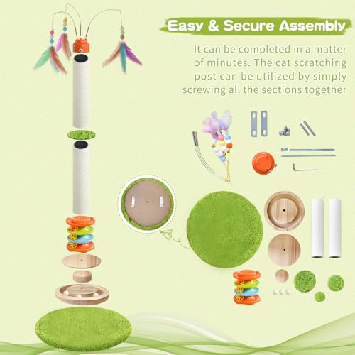 YARUOMY Tall Cat Scratching Post，40'' Cat Scratcher Tree Cat Toys for Indoor Cats with Cat Toys 4-Tier Roller Track，Automatically Rotating cat Teaser Wand，Hanging Balls for Kittens Adults Cats