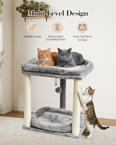 SYANDLVY Small Cat Tree with 2-Tier Perch Platforms, Scratching Post Tower - color: Grey