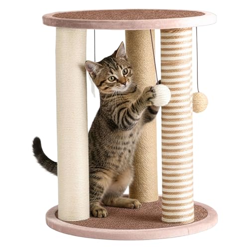 Cat Scratching Post - 3 Scratcher Posts with Carpeted Base Play Area and Perch - Furniture Scratching Deterrent for Indoor Cats by PETMAKER (Brown), Large - color: Brown