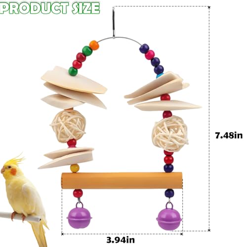 Parrot Cuttlebone Swing Toy – 2-in-1 Hanging Perch with Natural Wood Slices, Rattan Balls & Colorful Beads – Calcium-Rich Chewing Station for Cockatiels, Budgies, Parakeets