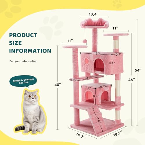 DUMOS 54 Inch Cat Tree Tower with Scratching Posts, Indoor Use - color: Pink, size: 54'' × 20'' × 20''