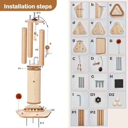 Odoland 34 Inch Cat Scratching Post for Large Cats with 4 Interactive Toys