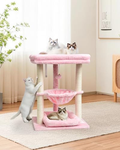 SYANDLVY Small Cat Tree for Indoor Cats with Top Perch Hammock & Bottom Bed - color: Pink