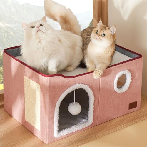Bedsure Extra Wide Cat House Bed with Fluffy Ball and Scratch Pad,Pink - color: Pink, size: Widen