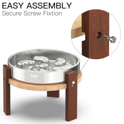 Feedoo Elevated Dog Bowl Stand, 6'' Height Raised Stand for Medium Dogs, Includes 2Cups Stainless Steel Slow Feeder Dog Bowl, Durable Solid Hardwood - color: 6" Height 2Cups Slow Feeder