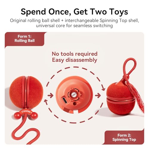 Cheerble 2 in 1 Interactive Cat Toys for Indoor Cats - Wicked Ball Duo2 Automatic Cat Toy, Dual Interchangeable Shells, Electric Moving Cat Ball with Tail & Chirping Sounds, Red
