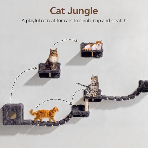 9-in-1 Cat Wall Shelves, Cat Wall Furniture Set with Bridge, Grey - color: Grey, size: 9-in-1