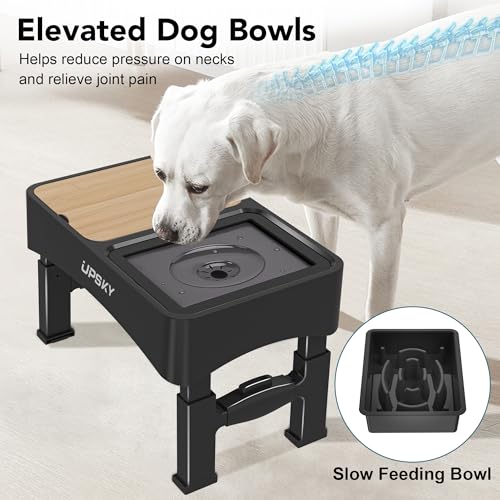 UPSKY 3-in-1 Elevated Dog Bowl with 2Pcs Lids, 4 Height Adjustable, Black - color: Black