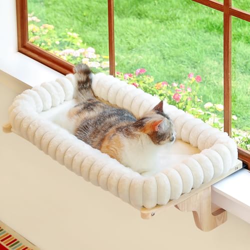 Zakkart SnugCloud Cat Perch for Windowsill (Natural Wood/Cream White, M) - color: Natural Color Wood w/ Cream Bed, size: Medium (22"x15")