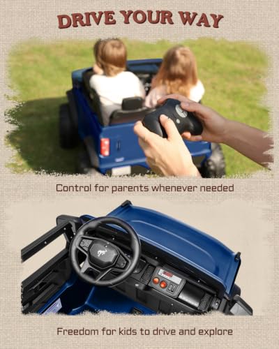 First Ride On 24V 2 Seater Ride on Toys for Big Kids, Licensed Ford Bronco Base Electric Car with Remote Control, Ride on Truck w/Seat Belts, 3 Speeds, Spring Suspension and Bluetooth (Blue) - color: Blue