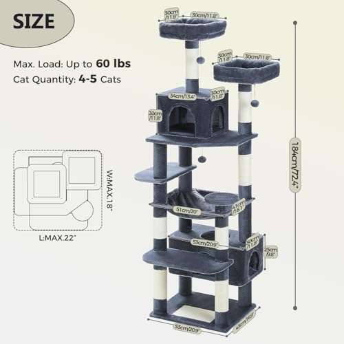 PAWZ Road 72" Cat Tree, Tall Cat Tower with Hammock& Condos for Large Cats - color: Dark Gray, size: 72"