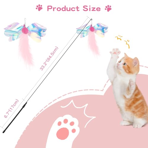 Pawaboo Cat Feather Wand Interactive Toy, 2 Feathers + 1 Wand with Bell - color: Pink Butterfly