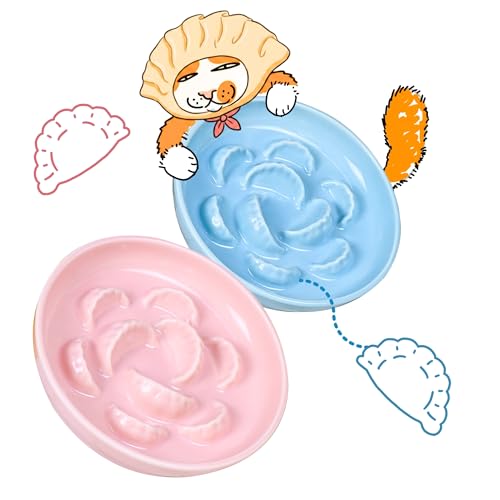 Ceramic Cat Slow Feeder Bowl Set, 2 Pcs Dumpling Shape Cat Food Plates, 6.2" W Wide Shallow Whisker Friendly Slow Feeding Cat Bowls for Dry Food, Wet Food & Treats, Dishwasher Safe (Pink + Blue) - color: Pink + Blue