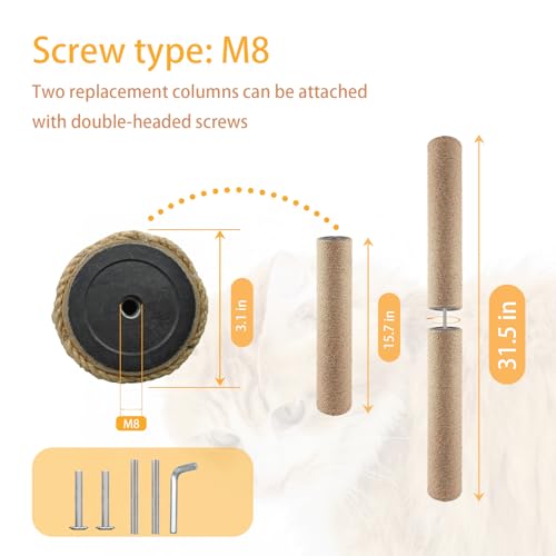 2 Pcs Cat Scratching Post Replacement for Indoor 15.7 x 3.1 Inches Cats Tree Replacement Parts Natural Sisal Cat Scratch Posts Refill Pole Part with M8 Screws Spare Cat Furniture Accessories - color: 【2 Pcs+Brown 】