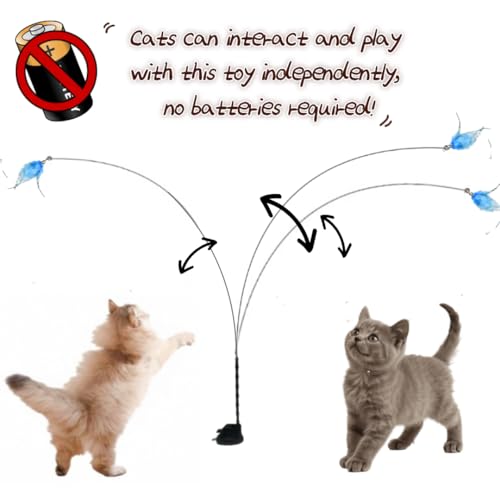 Cat Wand Toy with Suction Cup, Including 8Pcs Refills (Bird, Feather, Mouse, Butterfly, Ball, Chick, Fish), and can be Used as Individual Wands When Detached