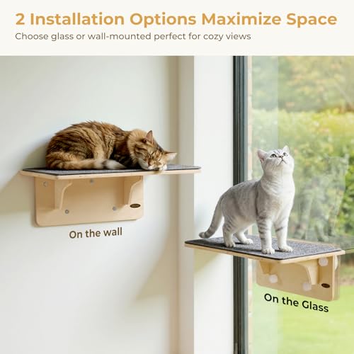 Pecute 2-in-1 Large Cat Window Perch & Wall Shelves, Solid Wood, 21"x11" - size: 21.25"L x 11"W