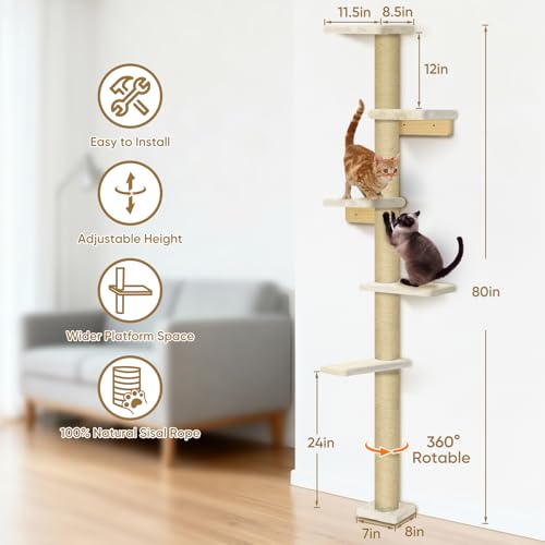 PAWSCRAT 5-Tier Wall-Mounted Cat Tree, 80-Inch Sisal Post, Beige - color: Beige
