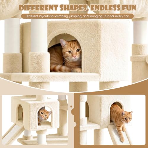 SHA CERLIN 87 in Multi-Level Tall Cat Tree Tower for Large Cats/Extra Wide Feline Activity Center/Sisal Scratching Posts/Wide Base/Cozy Plush Perches/Baskets/Hammocks/Toy Balls/Beige - color: Beige