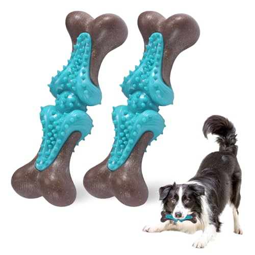 Durable Dog Chew Toys for Large Dogs - Tough Bone-Shaped Dental Chew with TPR Rubber & Wood Fiber, Teething & Aggressive Chewer Toys for Medium/Large Breed, Long-Lasting Teeth Cleaning 2 Pack set - color: Blue-2 Pack Set