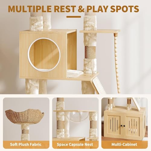 Garvee Tall Cat Tree with Litter Box Enclosure, 66.9-Inch Cats Condo, Multi-Level Perch & Scratching Posts for Cat - color: Wood