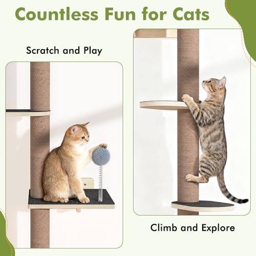 Tall Cat Tree Wall Mounted for Large Cats, 82 inch Scratching Post with Toys, Floor to Ceiling Cats Tower for Corner Area, Kitty Wall Shelf for Sleeping Playing Lounging Perching - size: Cat Tree