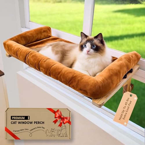 [Ready to Gift] PURRHOUSE 45LBS Cat Window Perch with Bolster, Hammock Seat with Plywood & Metal Frame, Cat Bed for Windowsill, Bedside and Cabinet (Natural Wood & Brown Cushion, 24.8''W x 9.4''H) - color: Natural Wood & Brown Cushion