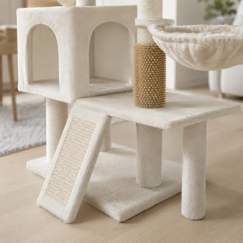 Smouatou Cat Tree with Cat Condo and Two Hammocks, Cat Tower with Scratching Posts and Scratching Pads Cat Toys, Beige - color: Beige2, size: Small